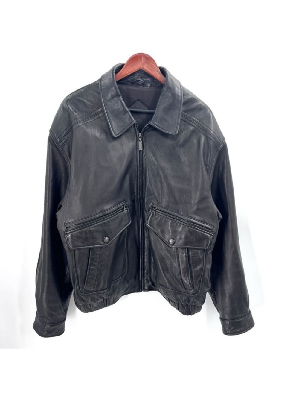 VTG Roundtree & Yorke Black Lambskin Soft Leather Moto Bomber Jacket Mens Large